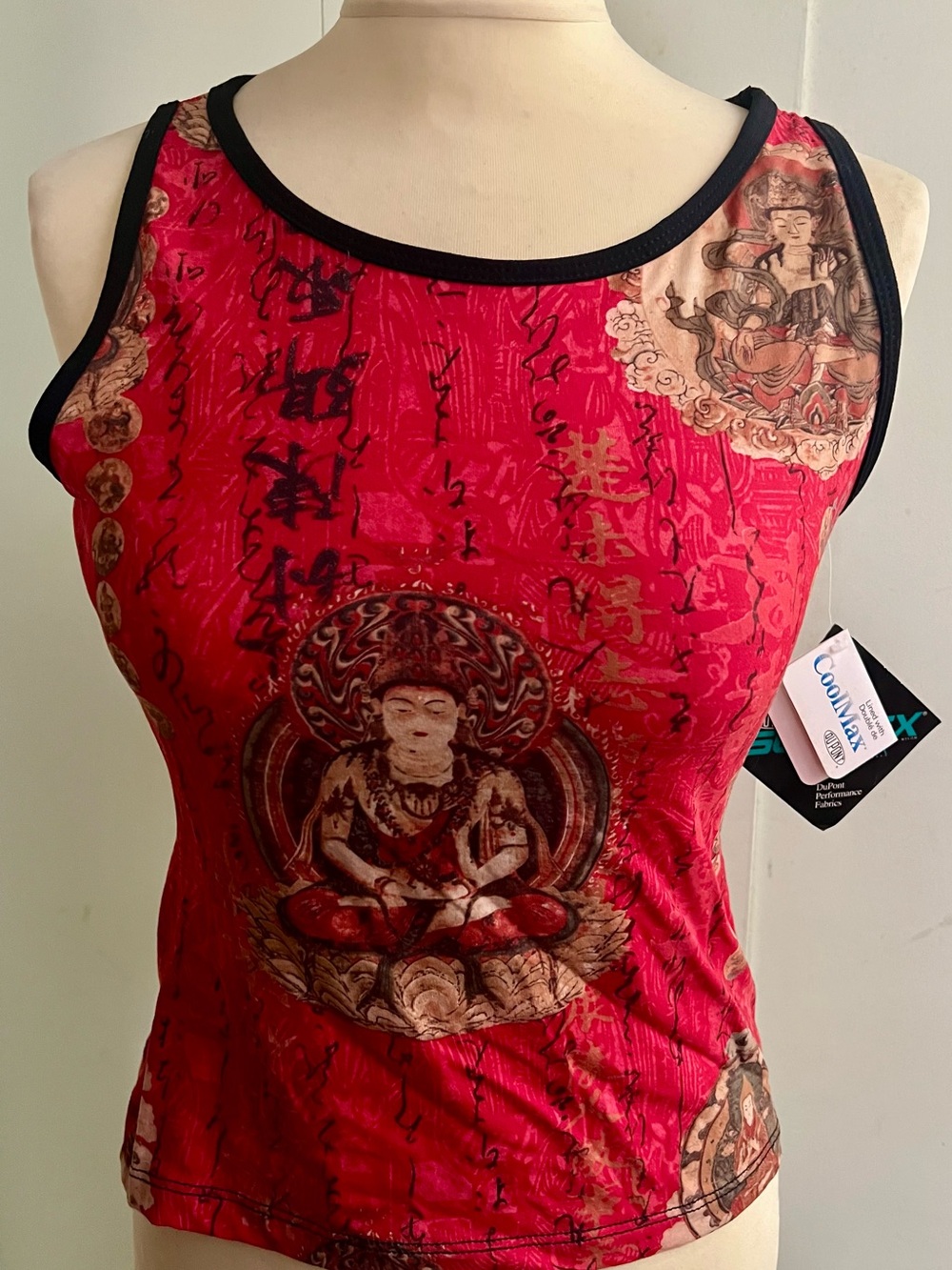 Red Graphic Meditation Print Workout Tank Top with Black Trim
